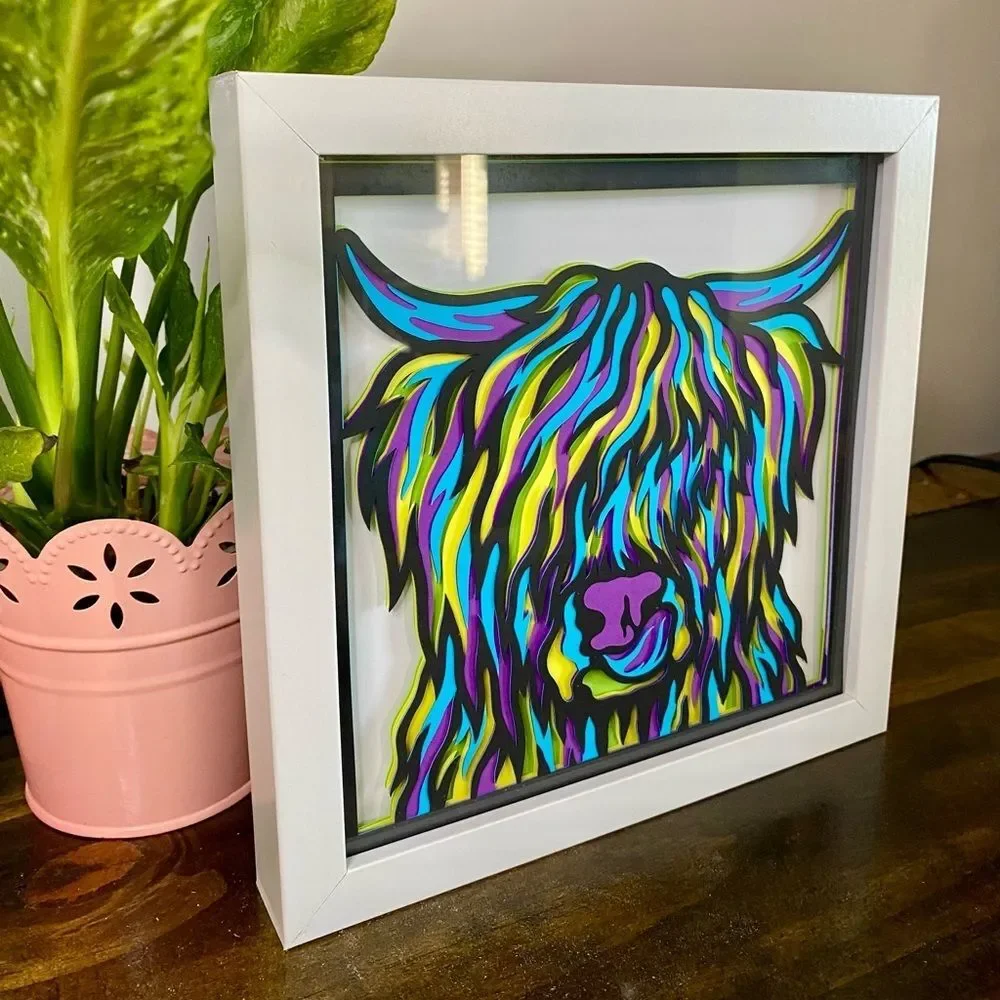 3D Highland Cow Multicolor Shadowbox